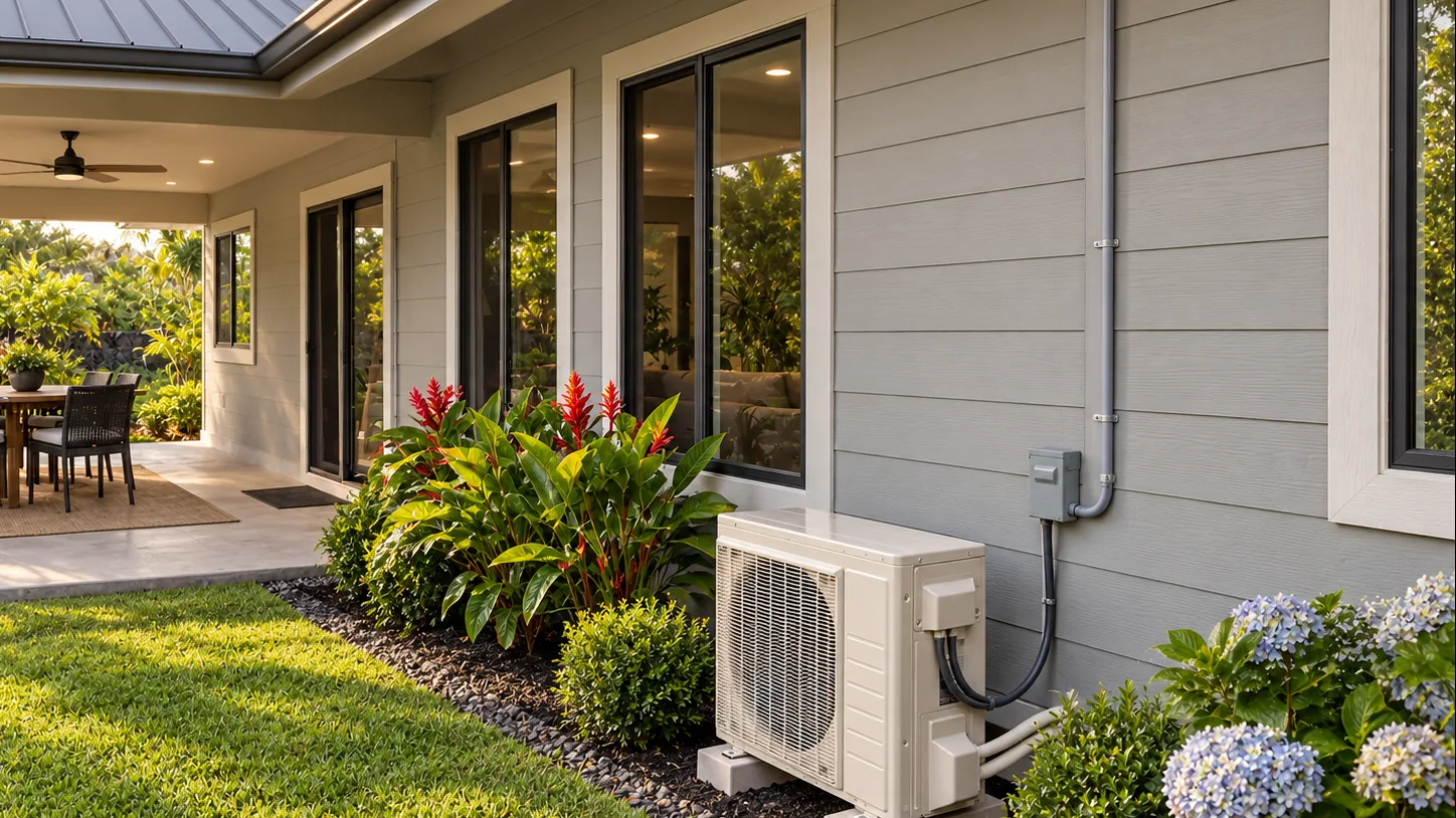 Mini split heat pump outdoor unit installed beside a home's patio and garden