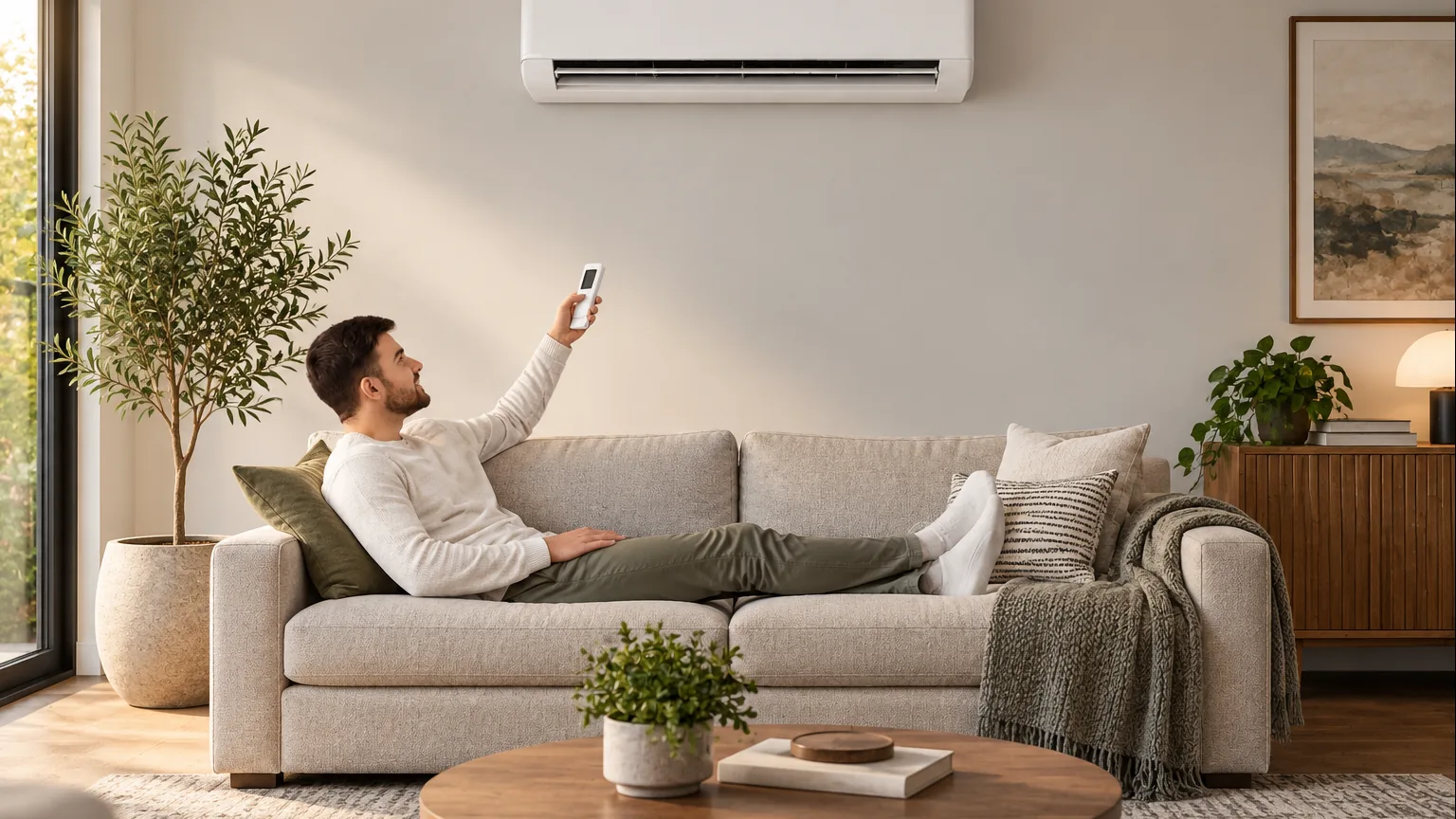 Homeowner relaxing on a couch under a wall-mounted ductless mini split