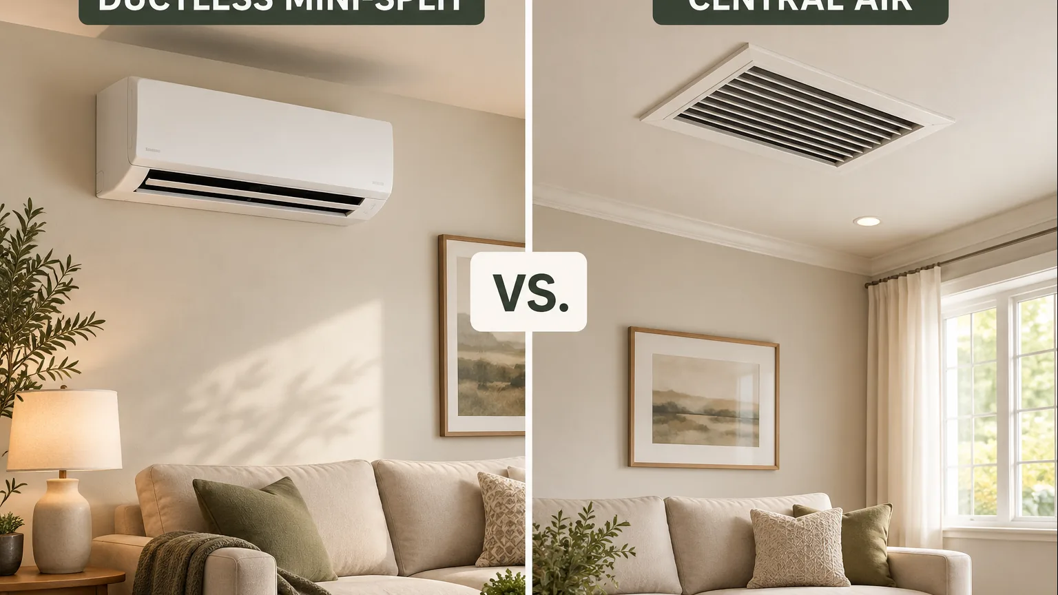 Ductless mini split wall unit versus a central air ceiling vent, compared side by side