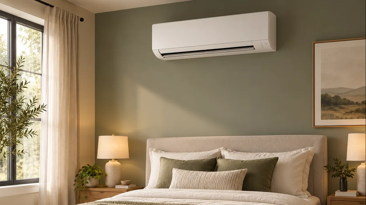 Wall-mounted ductless mini split above a bed in a quiet bedroom